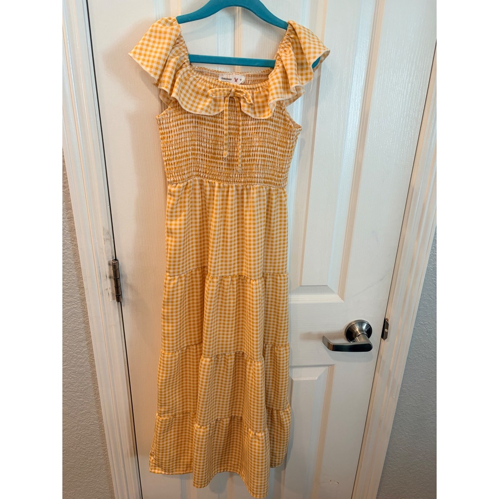 Beautees Maxi Dress Yellow Gingham Smocked Tiered Ruffle Summer Picnic Size 7